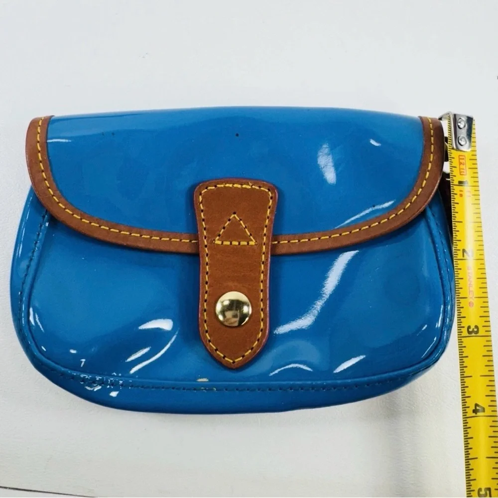 Dooney & Bourke Patent Leather Clutch in Bright Blue with Brown Trim - Picture 5 of 10